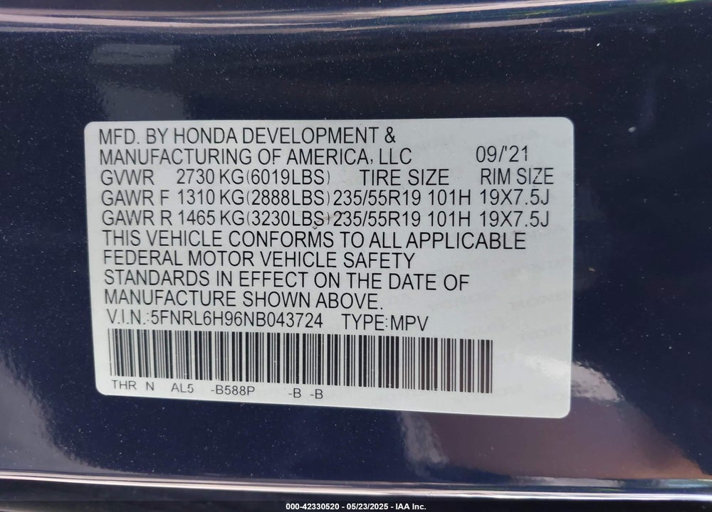 2022 HONDA ODYSSEY VIN: 5FNRL6H96NB043724