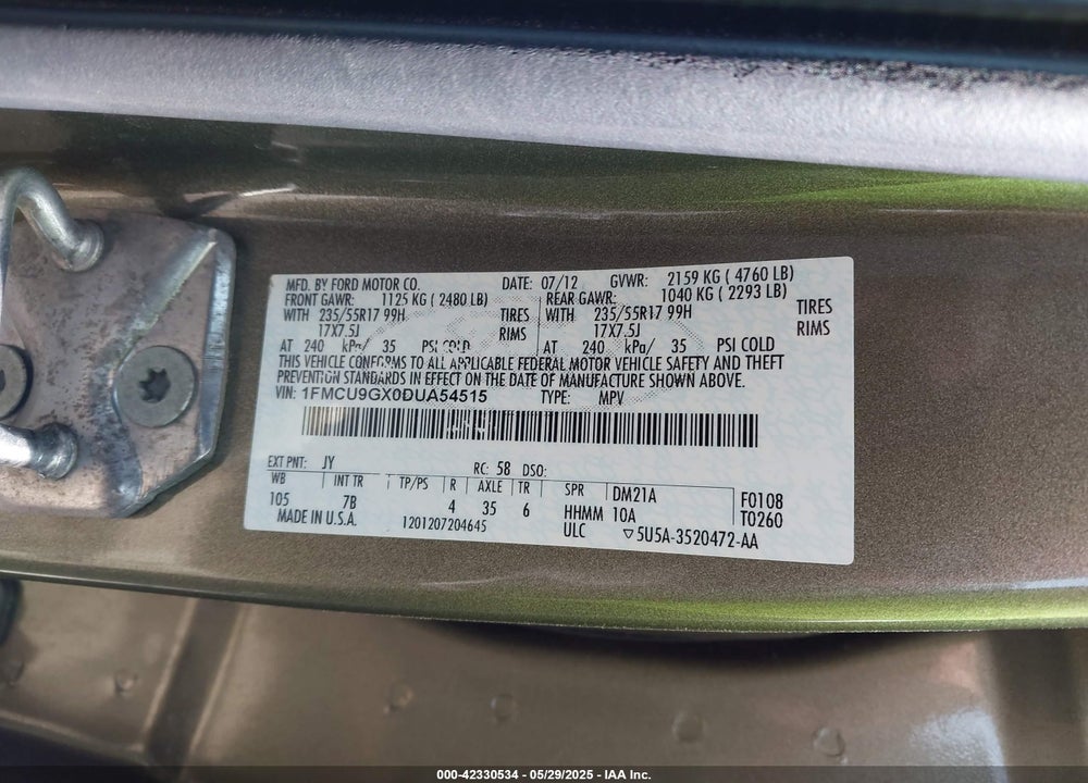 2013 FORD ESCAPE VIN: 1FMCU9GX0DUA54515