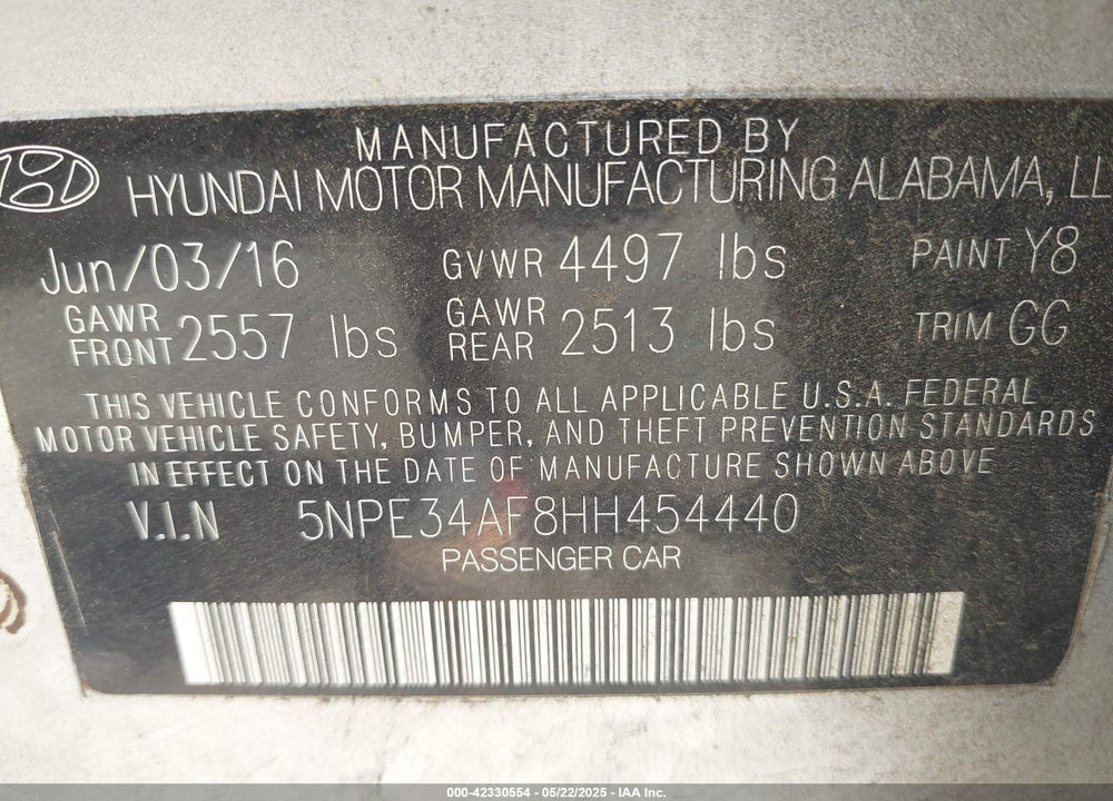 2017 HYUNDAI SONATA VIN: 5NPE34AF8HH454440