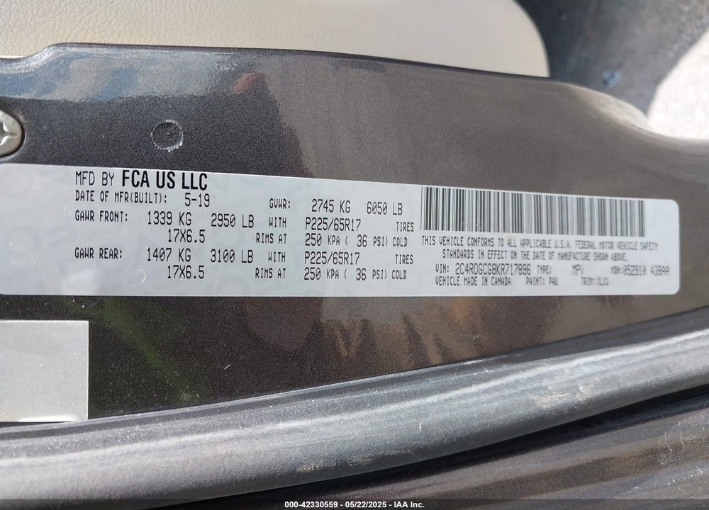 2019 DODGE GRAND CARAVAN VIN: 2C4RDGCG8KR717896