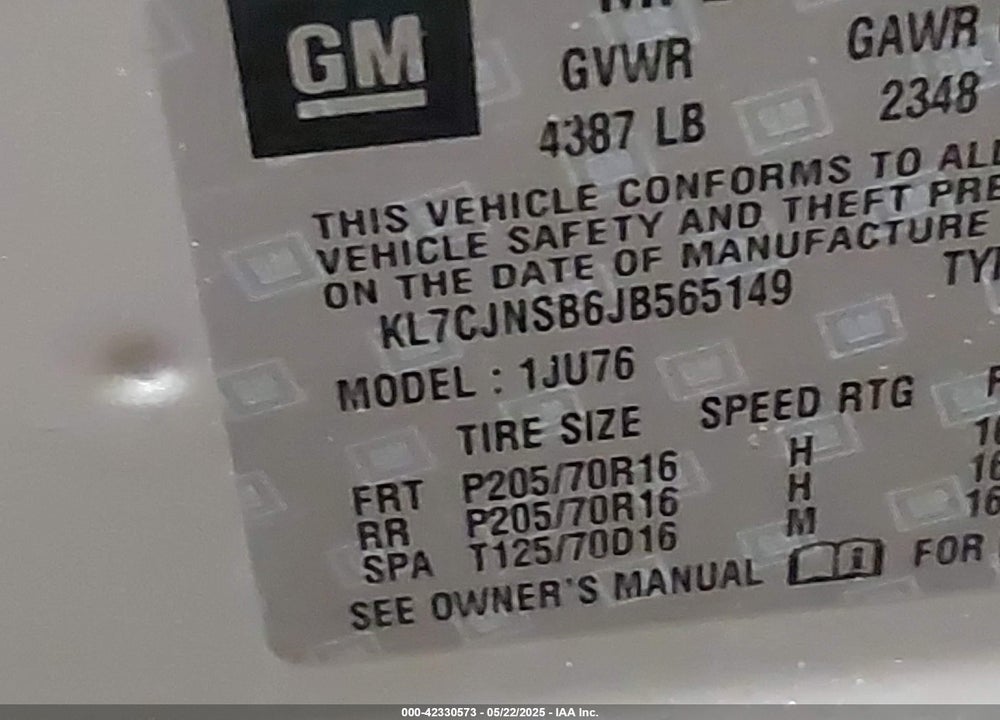 2018 CHEVROLET TRAX VIN: KL7CJNSB6JB565149