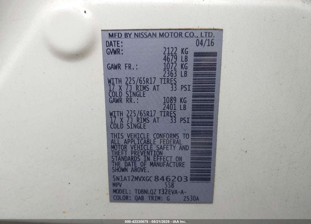 2016 NISSAN ROGUE SV VIN: 5N1AT2MVXGC846203