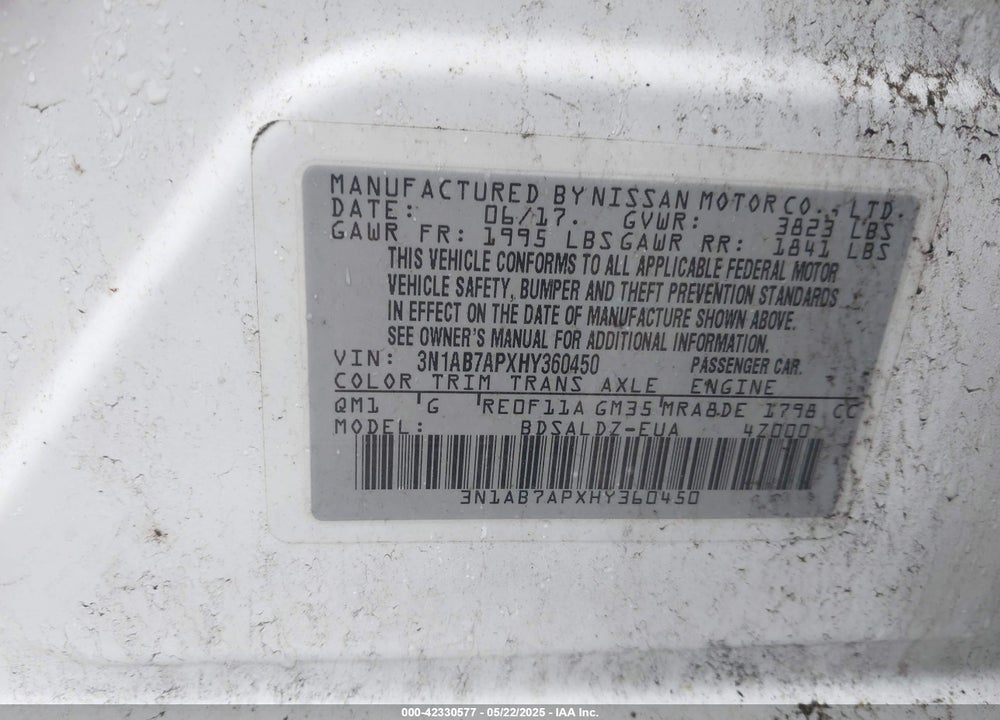 2017 NISSAN SENTRA VIN: 3N1AB7APXHY360450