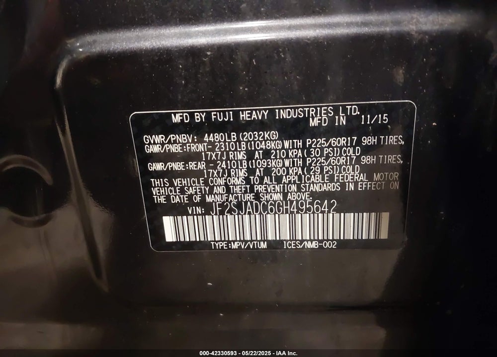 2016 SUBARU FORESTER 2.5I PREMIUM VIN: JF2SJADC6GH495642