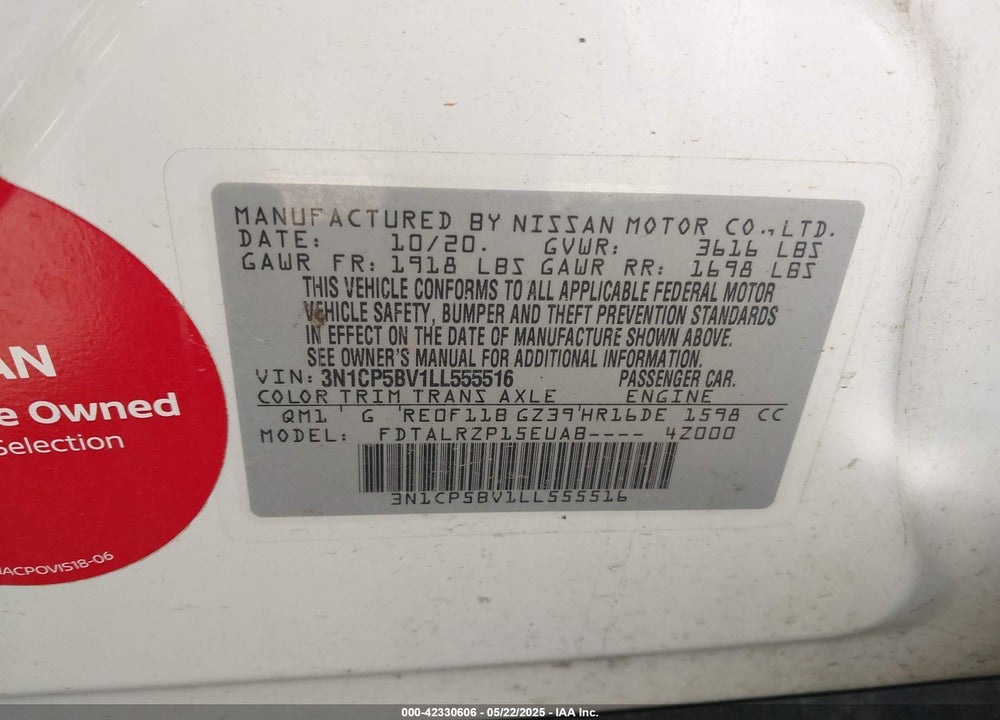 2020 NISSAN KICKS S XTRONIC CVT VIN: 3N1CP5BV1LL555516
