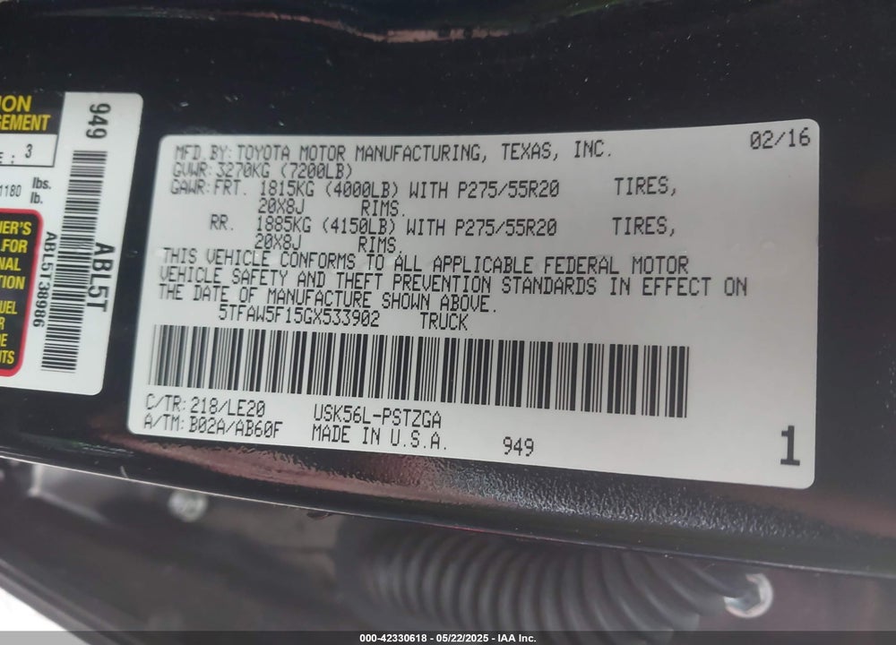 2016 TOYOTA TUNDRA VIN: 5TFAW5F15GX533902