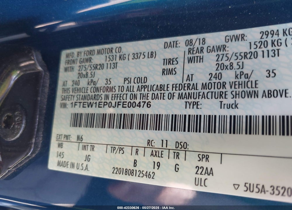 2018 FORD F-150 XL VIN: 1FTEW1EP0JFE00476
