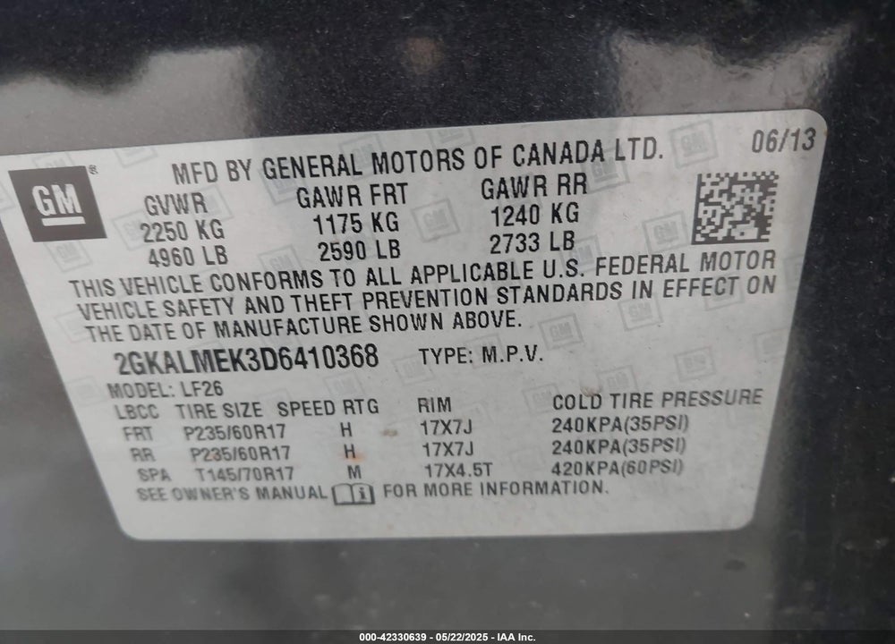 2013 GMC TERRAIN SLE-1 VIN: 2GKALMEK3D6410368