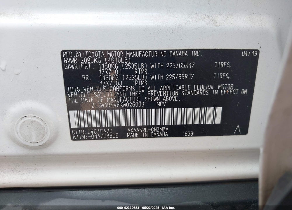 2019 TOYOTA RAV4 XLE VIN: 2T3W1RFV6KW026003