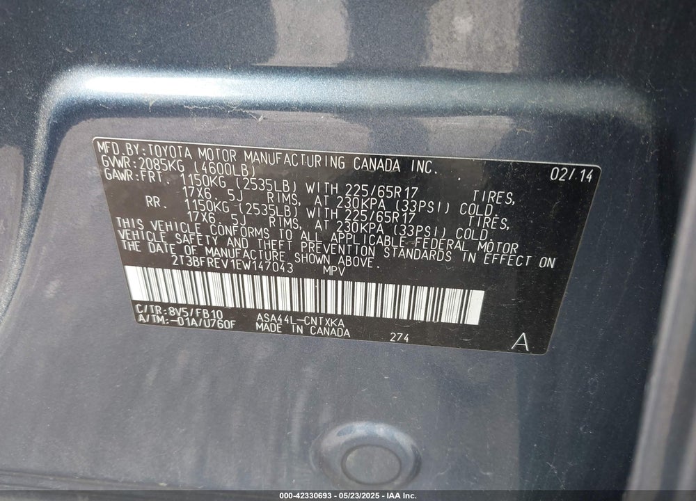 2014 TOYOTA RAV4 LE VIN: 2T3BFREV1EW147043