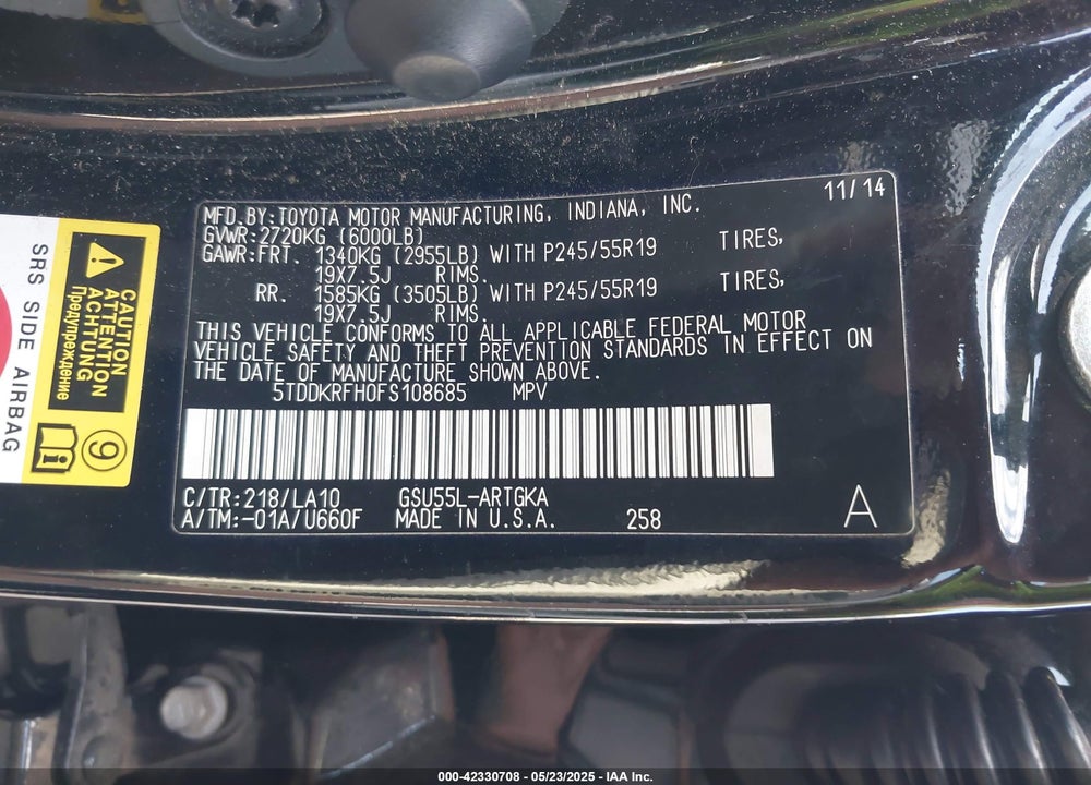 2015 TOYOTA HIGHLANDER VIN: 5TDDKRFH0FS108685