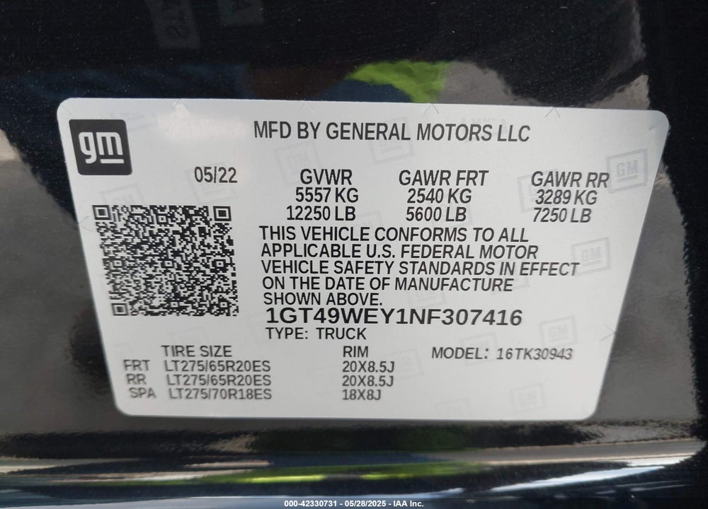 2022 GMC SIERRA 3500HD 4WD  LONG BED DENALI VIN: 1GT49WEY1NF307416