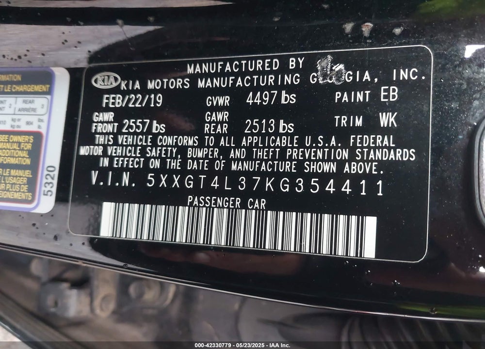 2019 KIA OPTIMA VIN: 5XXGT4L37KG354411