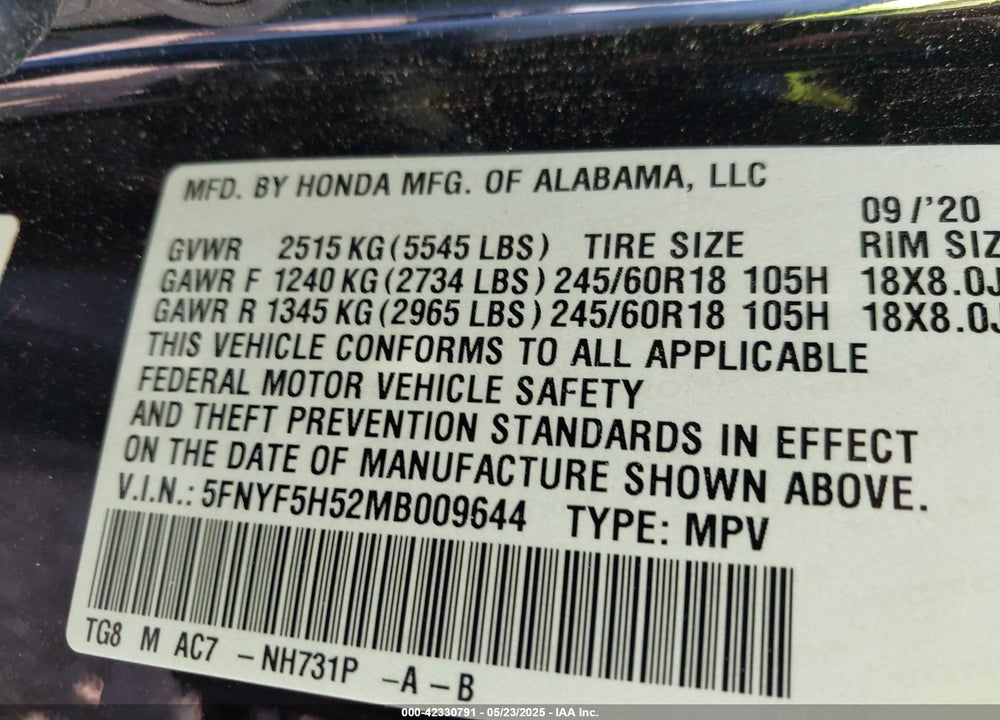 2021 HONDA PILOT VIN: 5FNYF5H52MB009644