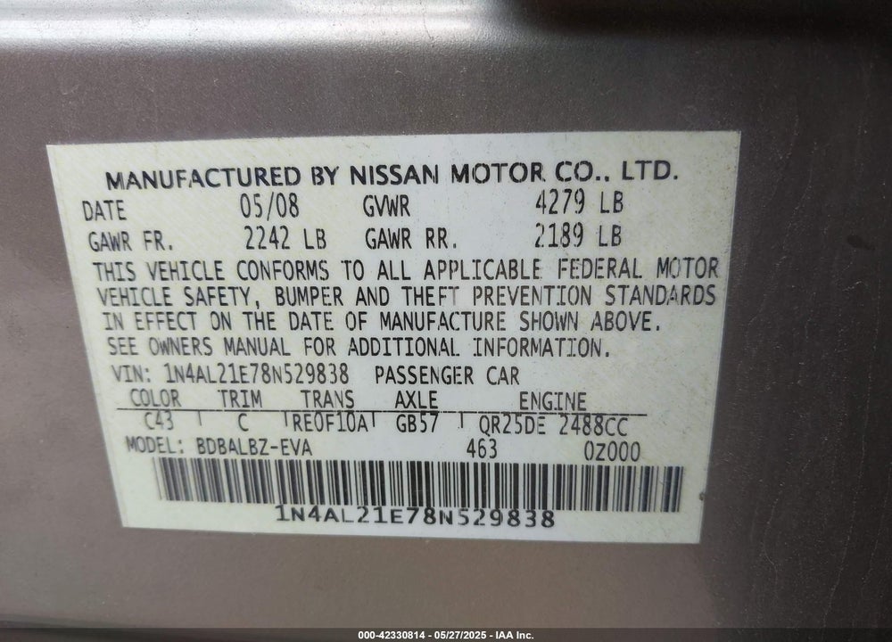 2008 NISSAN ALTIMA 2.5 S VIN: 1N4AL21E78N529838