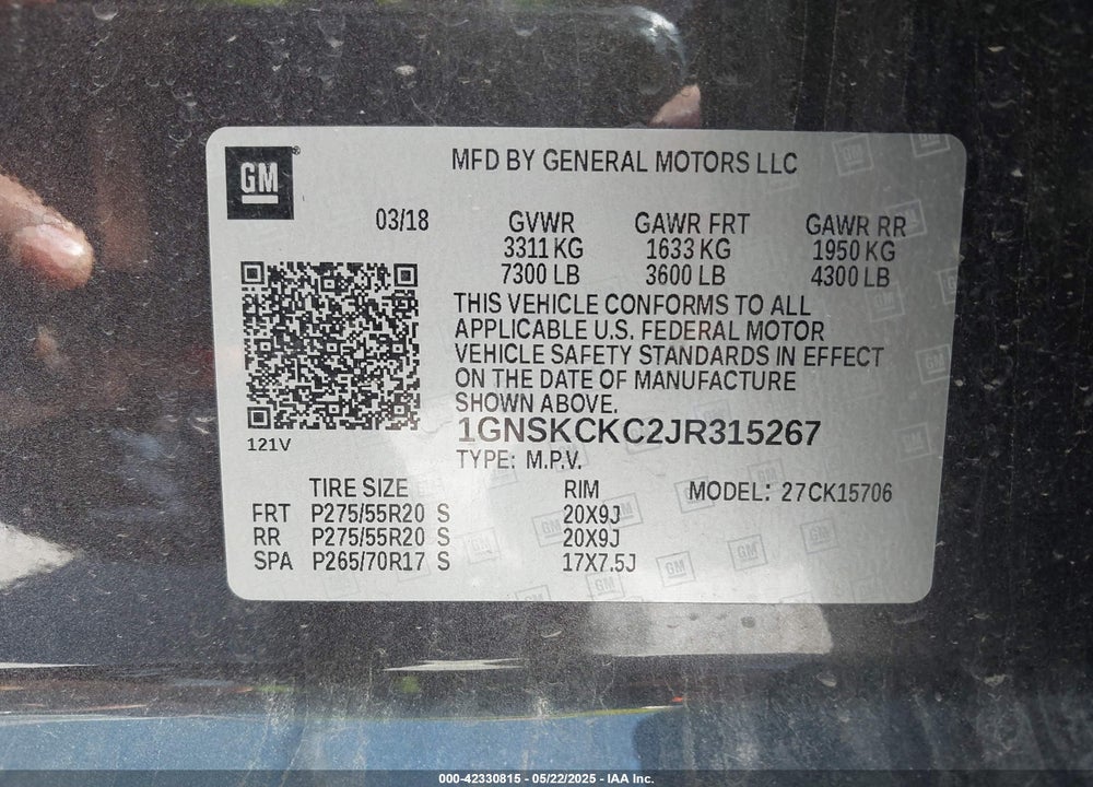 2018 CHEVROLET TAHOE PREMIER VIN: 1GNSKCKC2JR315267