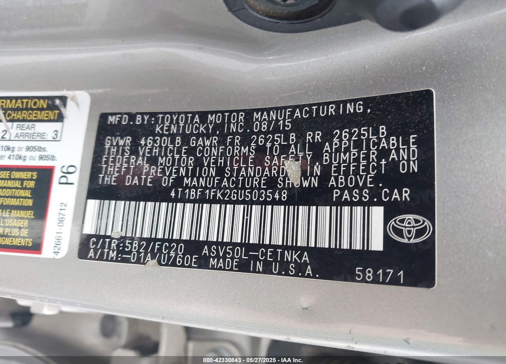 2016 TOYOTA CAMRY VIN: 4T1BF1FK2GU503548