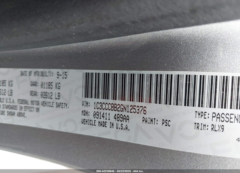 2016 CHRYSLER 200 S VIN: 1C3CCCBB2GN125376