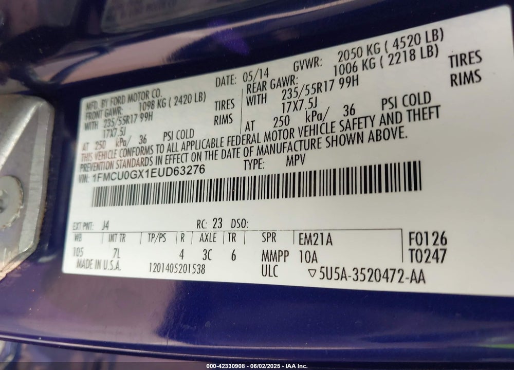 2014 FORD ESCAPE VIN: 1FMCU0GX1EUD63276