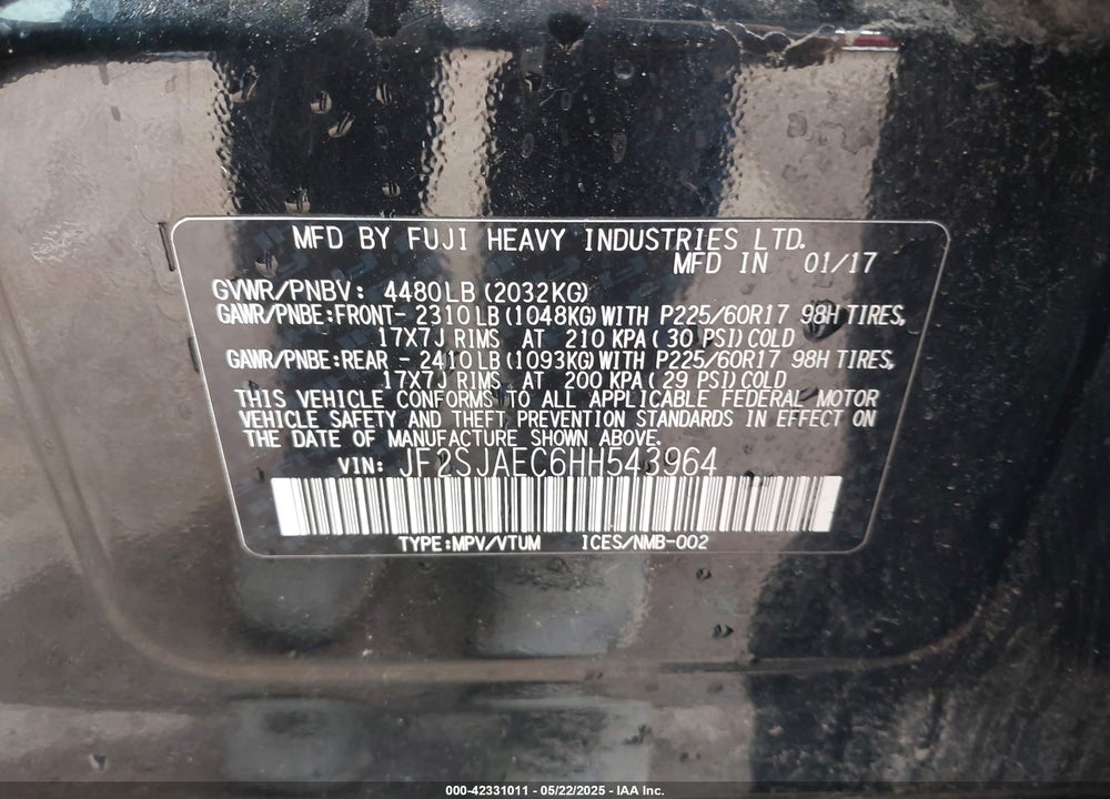 2017 SUBARU FORESTER VIN: JF2SJAEC6HH543964