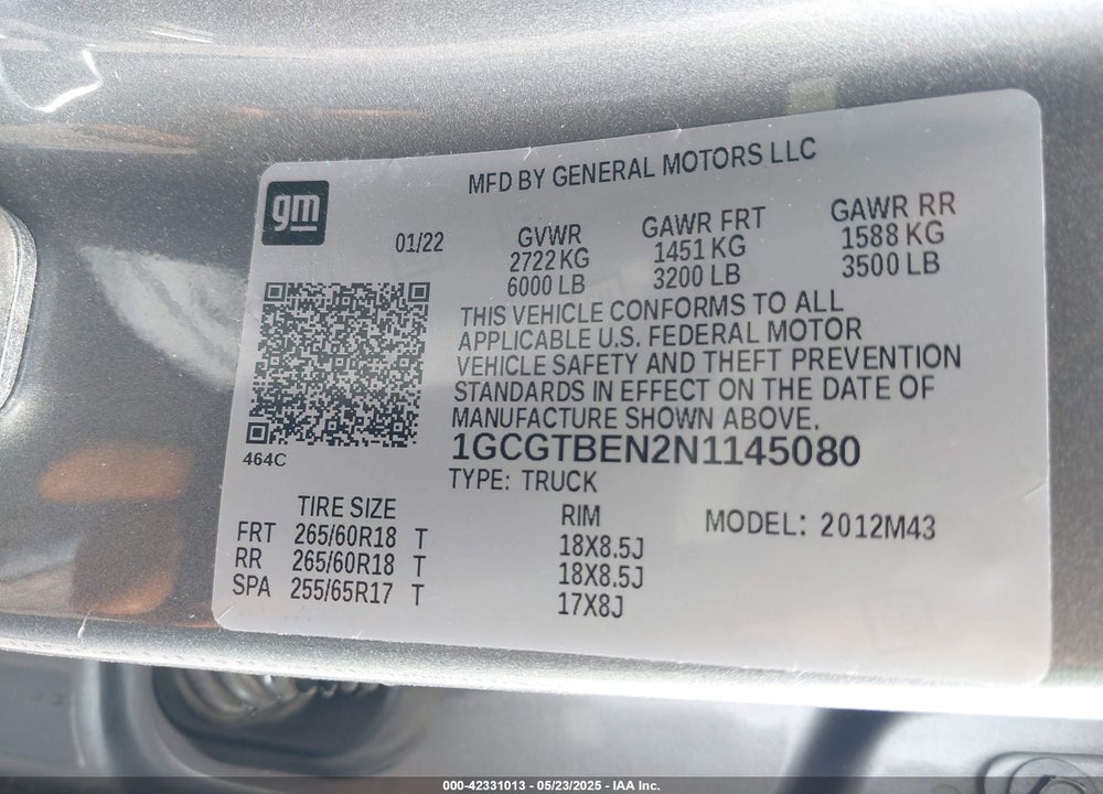 2022 CHEVROLET COLORADO VIN: 1GCGTBEN2N1145080