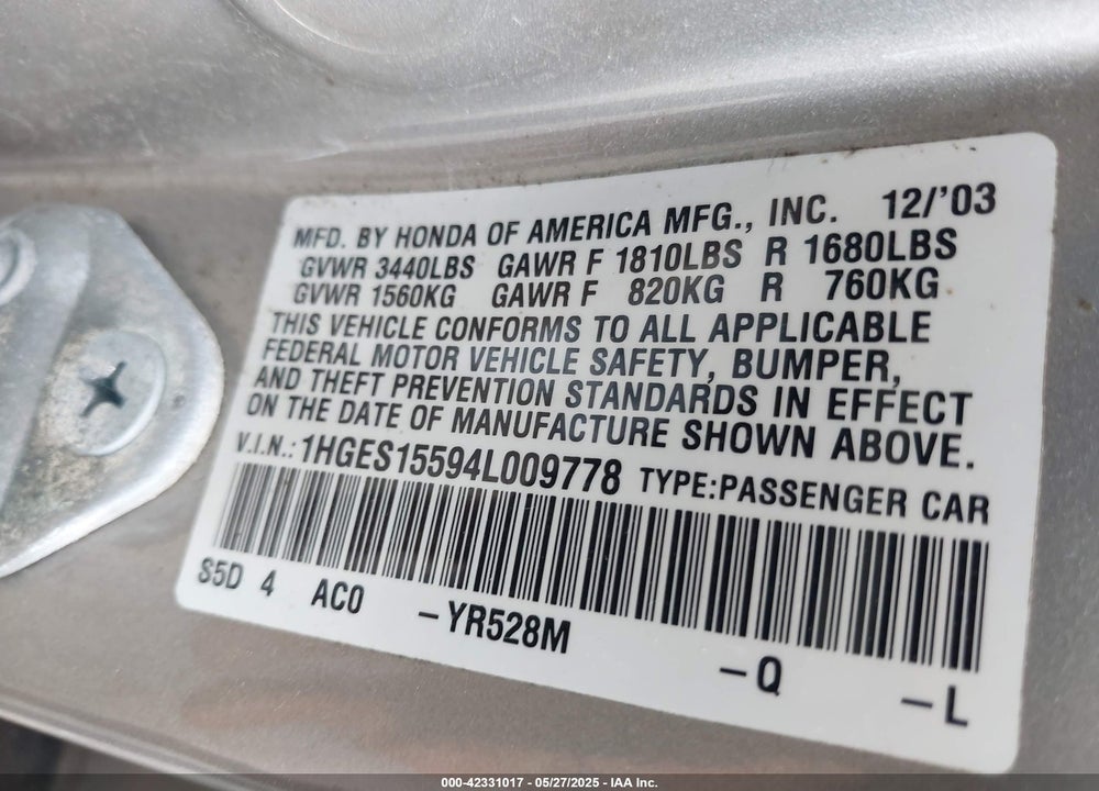 2004 HONDA CIVIC LX VIN: 1HGES15594L009778