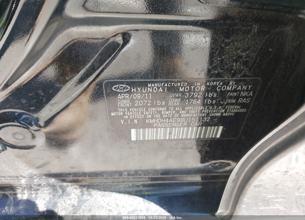 2011 HYUNDAI ELANTRA VIN: KMHDH4AE9BU151132