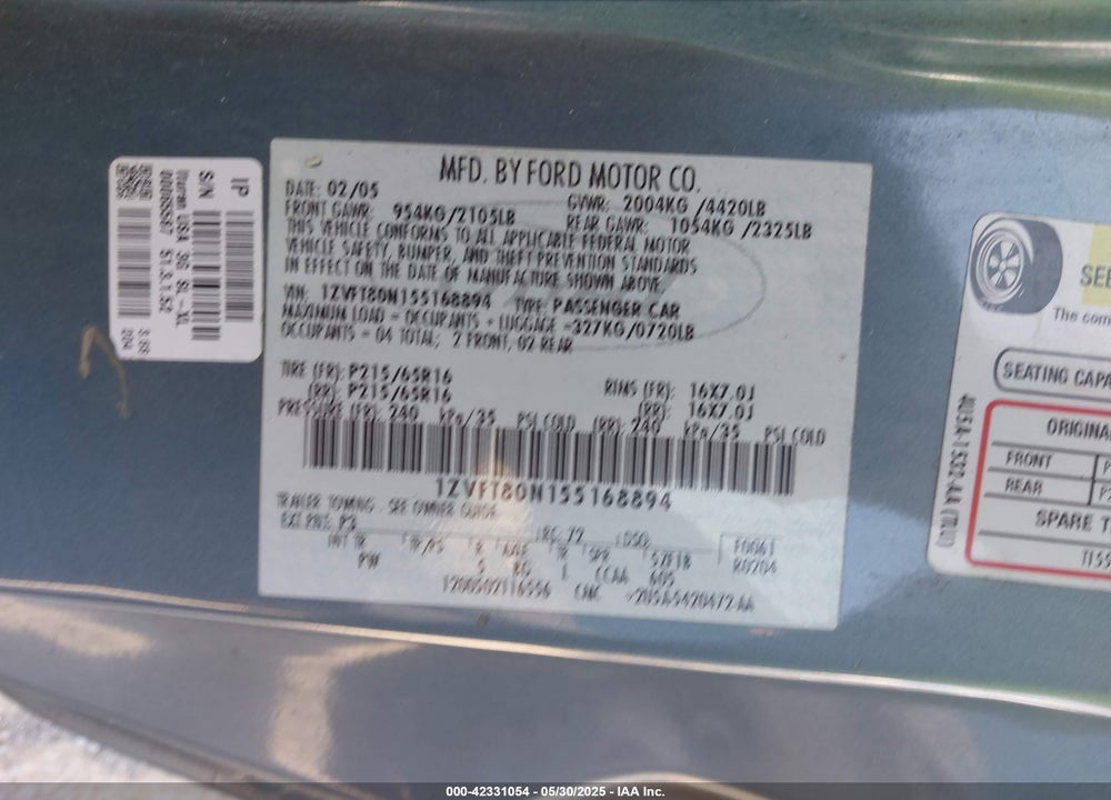 2005 FORD MUSTANG V6 DELUXE/V6 PREMIUM VIN: 1ZVFT80N155168894