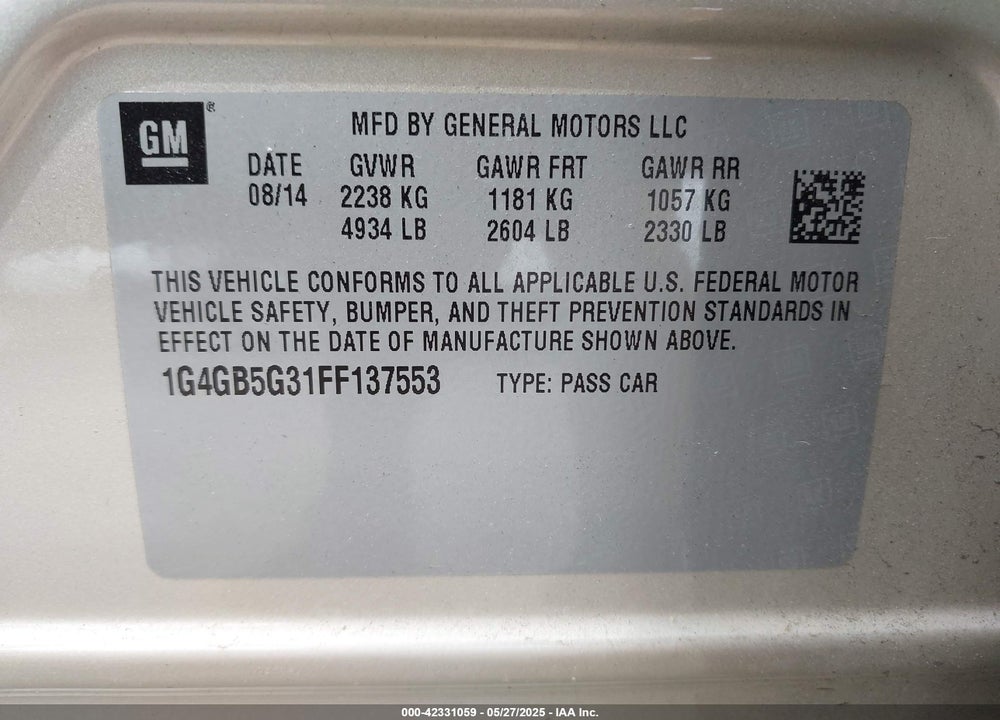 2015 BUICK LACROSSE VIN: 1G4GB5G31FF137553