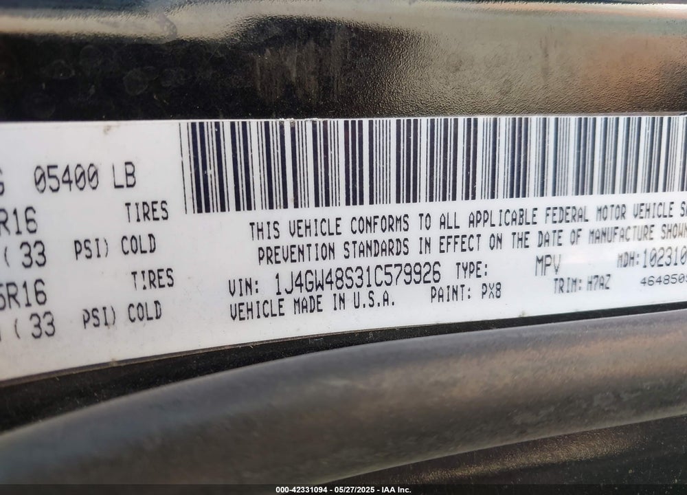 2001 JEEP GRAND CHEROKEE LAREDO VIN: 1J4GW48S31C579926