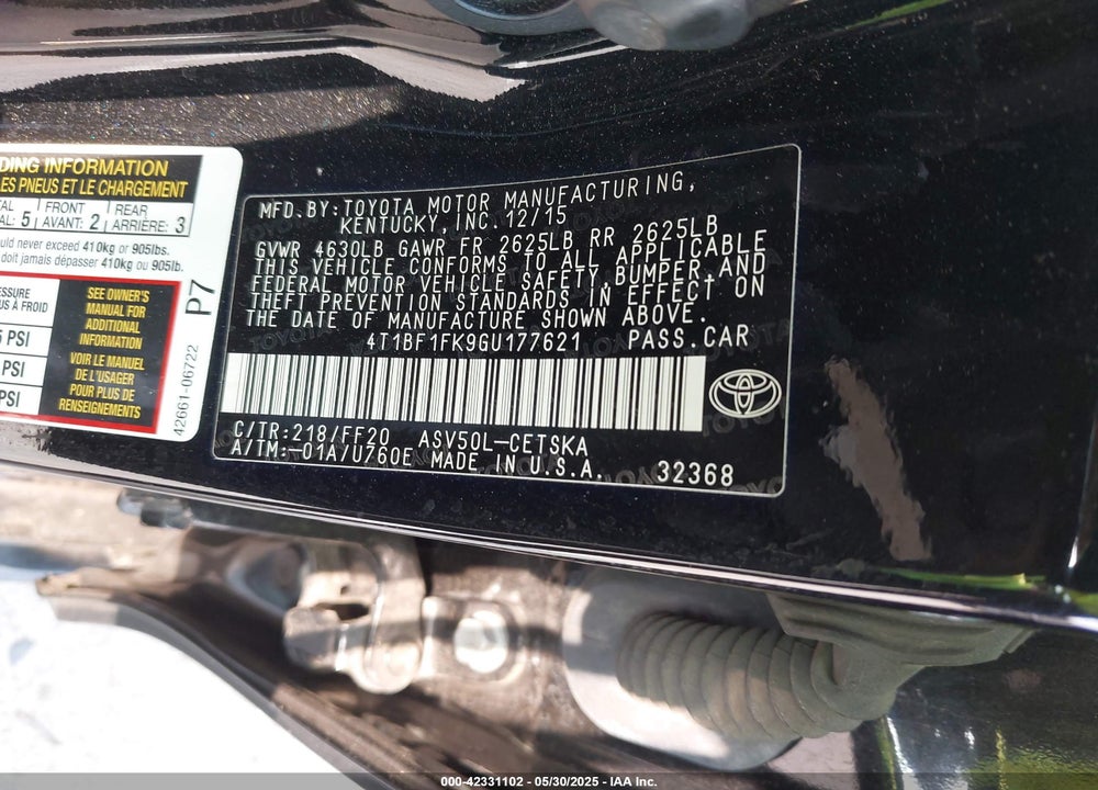 2016 TOYOTA CAMRY VIN: 4T1BF1FK9GU177621
