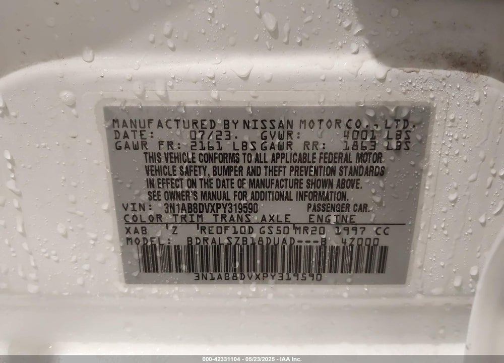 2023 NISSAN SENTRA VIN: 3N1AB8DVXPY319590