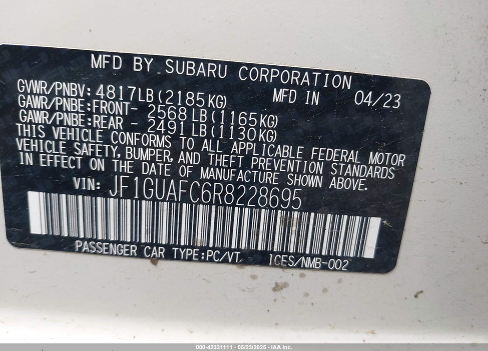 2024 SUBARU IMPREZA VIN: JF1GUAFC6R8228695
