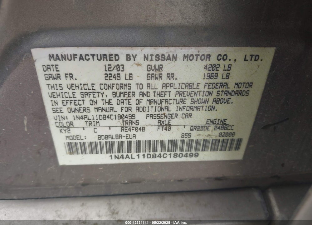2004 NISSAN ALTIMA 2.5 SL VIN: 1N4AL11D84C180499