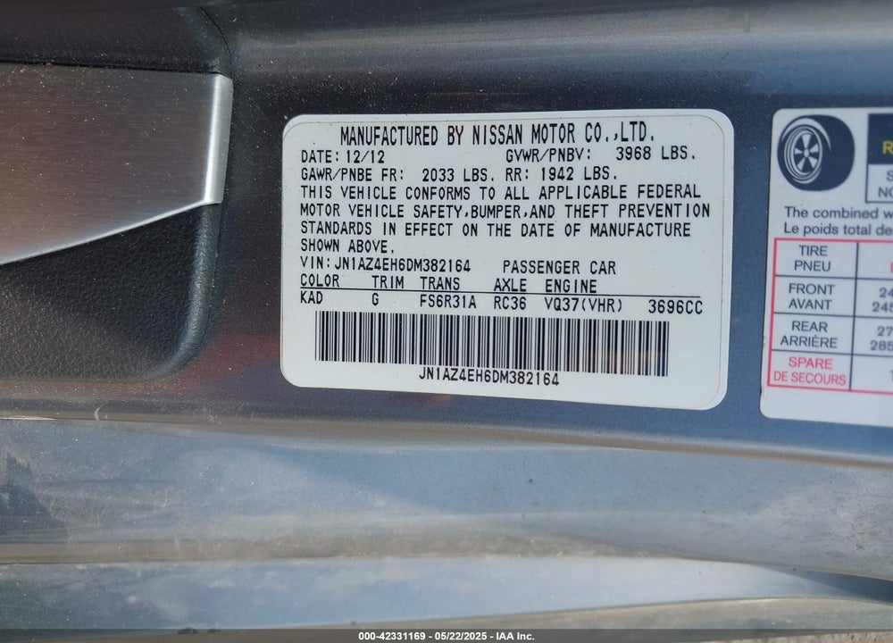 2013 NISSAN 370Z VIN: JN1AZ4EH6DM382164