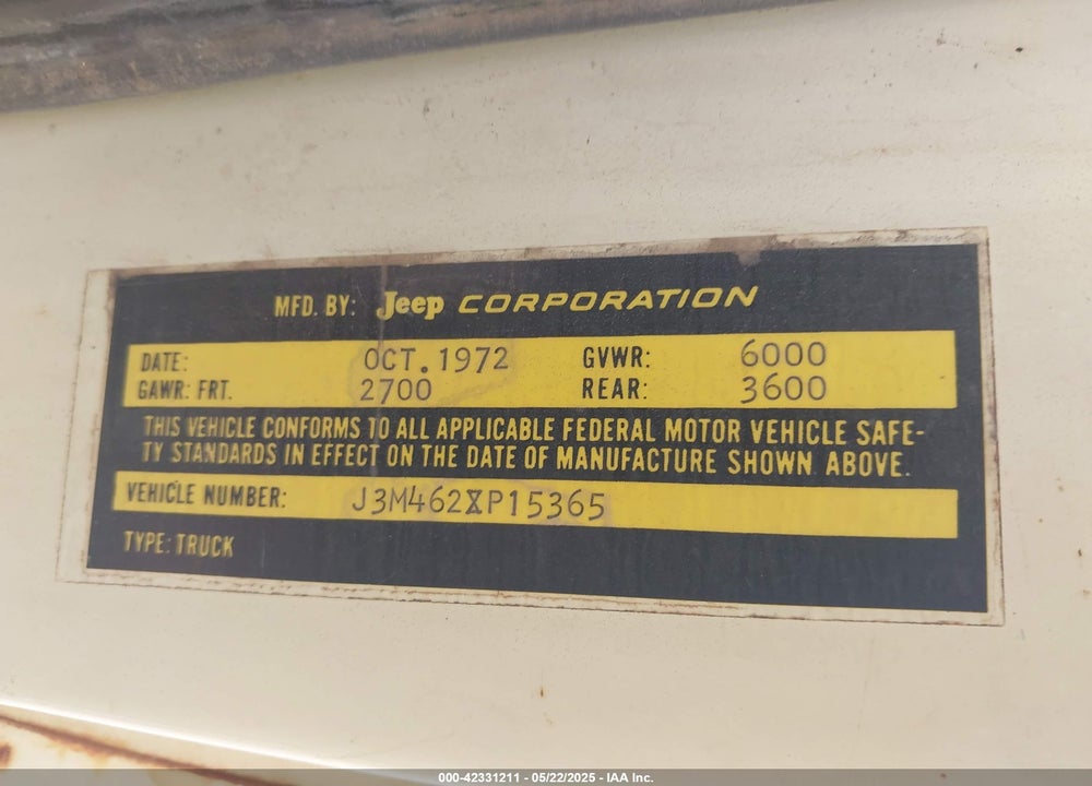 1973 JEEP J4000 VIN: J3M462XP15365
