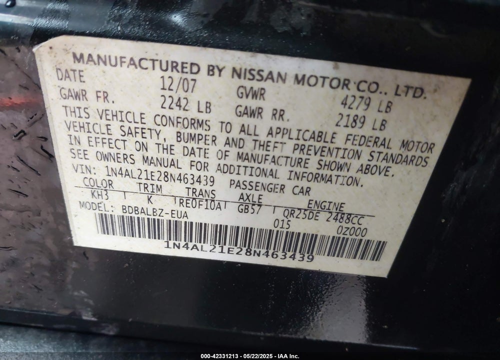2008 NISSAN ALTIMA VIN: 1N4AL21E28N463439