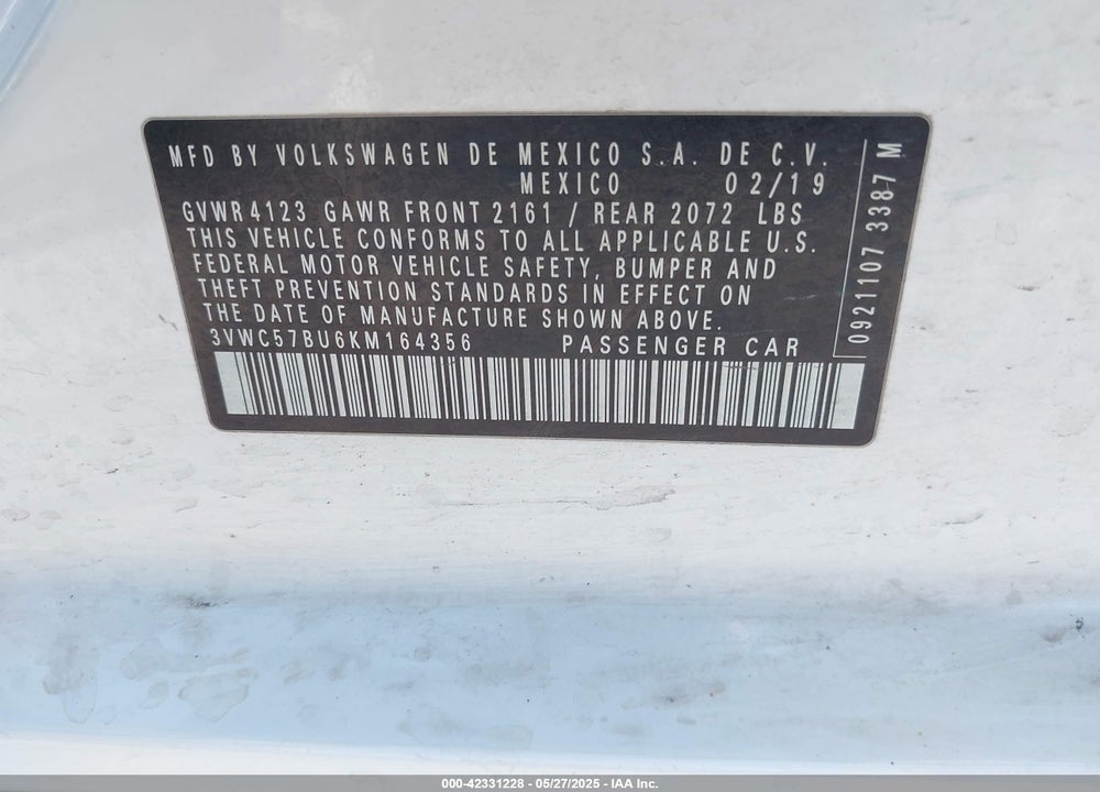 2019 VOLKSWAGEN JETTA 1.4T R-LINE/1.4T S/1.4T SE VIN: 3VWC57BU6KM164356