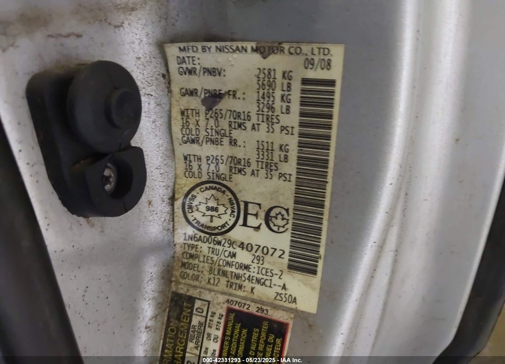 2009 NISSAN FRONTIER VIN: 1N6AD06W29C407072
