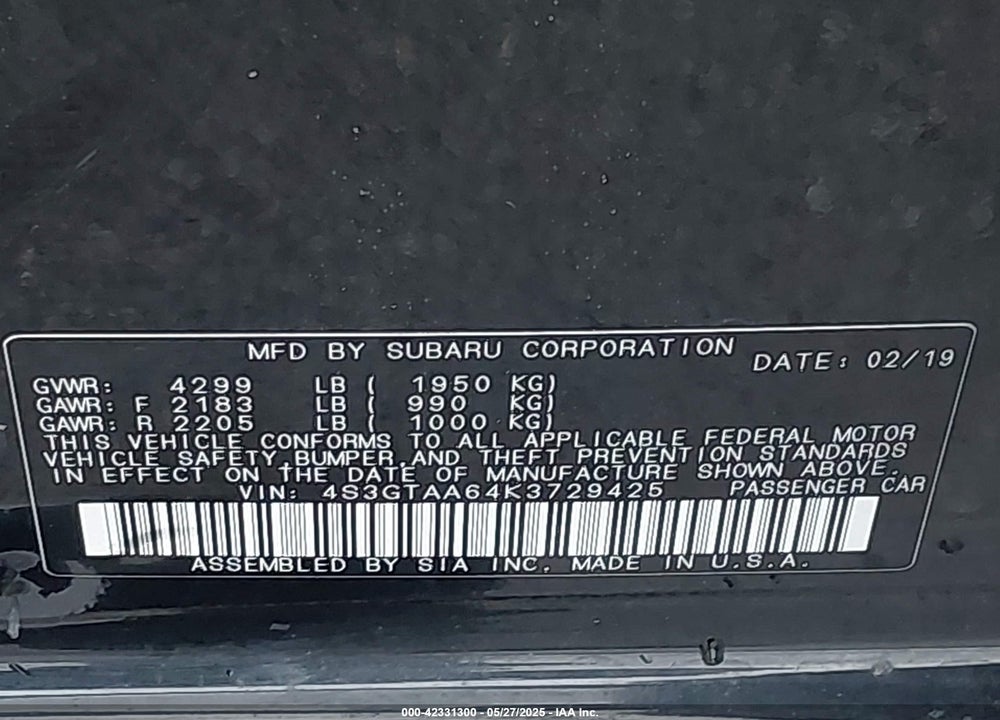 2019 SUBARU IMPREZA VIN: 4S3GTAA64K3729425