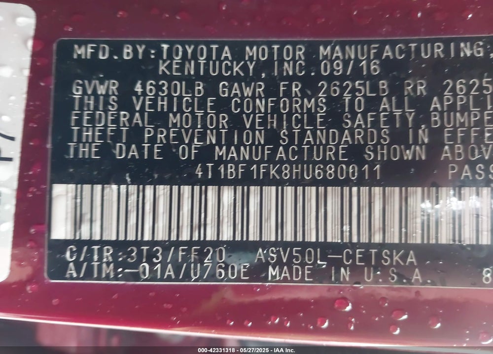 2017 TOYOTA CAMRY VIN: 4T1BF1FK8HU680011