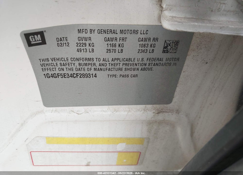 2012 BUICK LACROSSE VIN: 1G4GF5E34CF289314