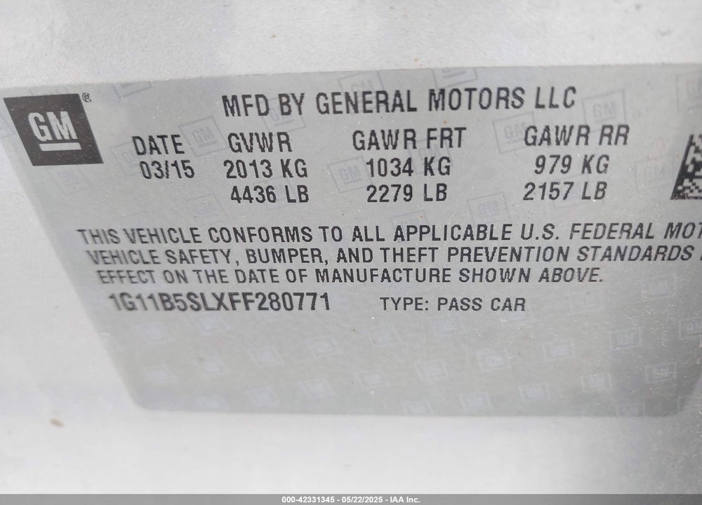 2015 CHEVROLET MALIBU VIN: 1G11B5SLXFF280771
