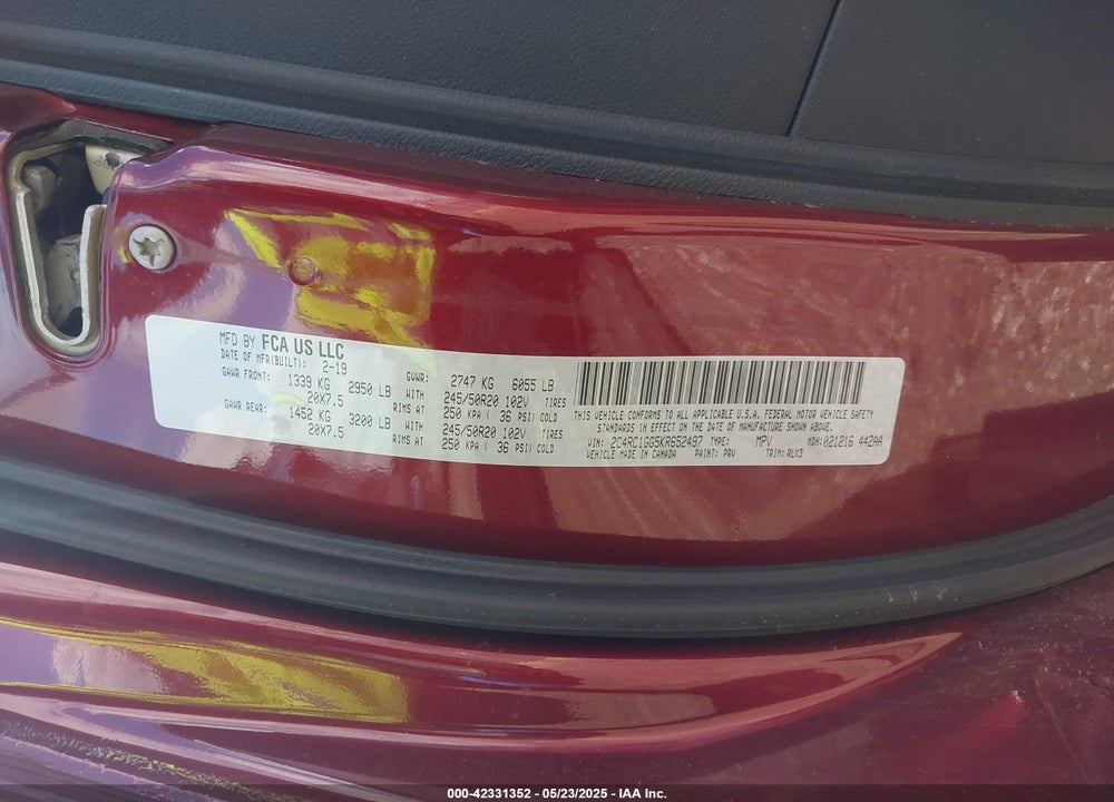 2019 CHRYSLER PACIFICA LIMITED VIN: 2C4RC1GG5KR652497