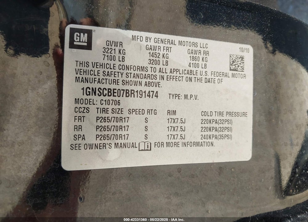 2011 CHEVROLET TAHOE LT VIN: 1GNSCBE07BR191474