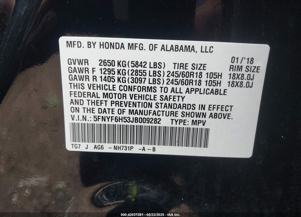 2018 HONDA PILOT EX-L VIN: 5FNYF6H53JB009282
