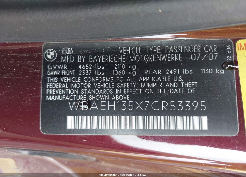 2007 BMW 650I VIN: WBAEH135X7CR53395