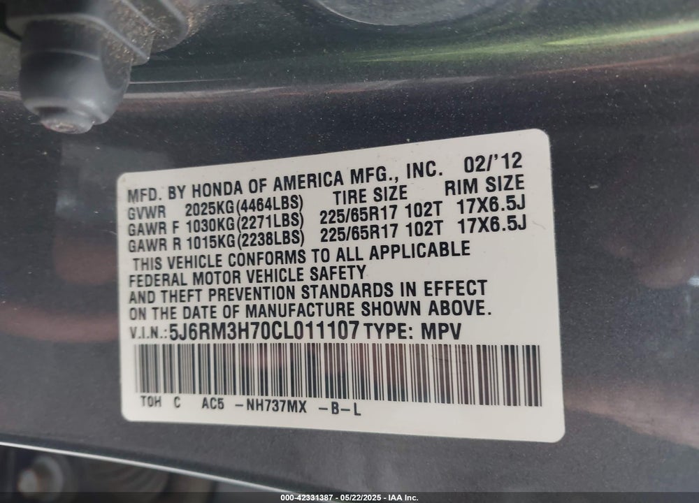 2012 HONDA CR-V VIN: 5J6RM3H70CL011107