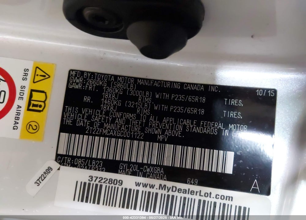 2016 LEXUS RX 450H VIN: 2T2ZFMCAXGC001122