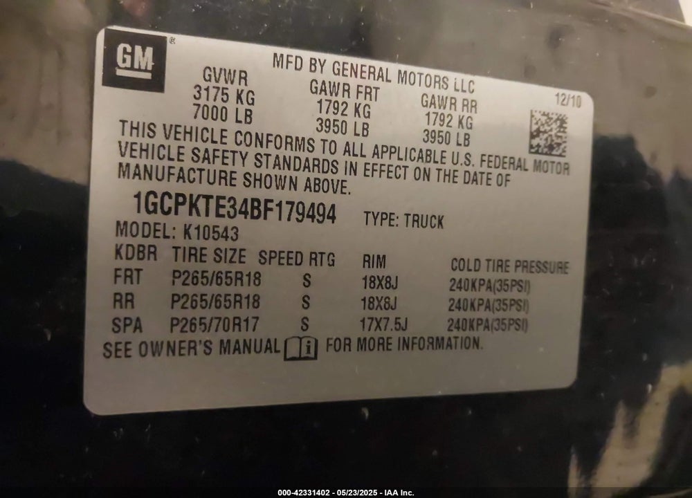 2011 CHEVROLET SILVERADO 1500 LTZ VIN: 1GCPKTE34BF179494